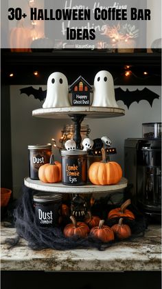 A Halloween coffee bar featuring floating ghost decorations, dark accents, pumpkin jars, and small bats, creating a spooky yet stylish setup for an organized coffee routine. Floating Ghost, Floating Ghosts, A Haunted House, Ghost Decoration