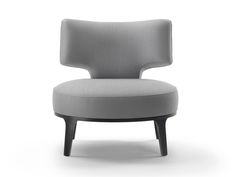 an upholstered grey chair with black legs and a round seat, viewed from the front