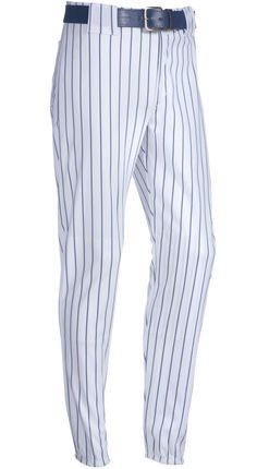 a baseball player wearing pinstripe pants and a belt