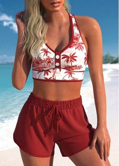 Color:Deep Red;Size:XS;Size:S;Size:M;Size:L;Size:XL;Size:XXL;Bra Style:Padded;Support:Wire Free;Pad Style:Removable;Strap Style:Adjustable;Package Contents:1 X Bra , 1 X Shorts;Occasion:Sport; Modest Bikinis With Shorts, Rotita Swimwear, 2024 Wardrobe, Red Bathing Suits, Bff Poses, Trendy Swimsuits, Printed Tankini, Swim Suits, Tankini Set