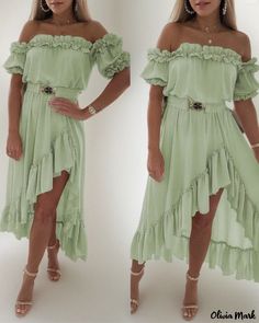 Olivia Mark - Asymmetrical Maxi Dress with Ruffled Frill Hem Asymmetrical Maxi Dress, Olivia Mark, No Frills, Maxi Dress