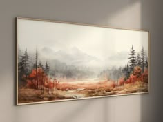 a painting hanging on the wall above a bed