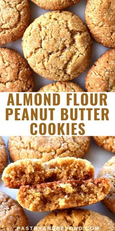 almond floured peanut butter cookies are stacked on top of each other, with the words almond