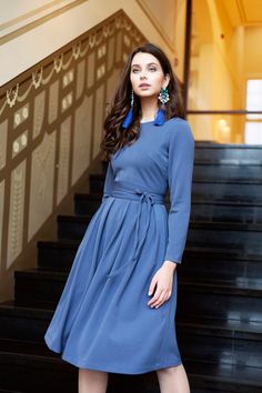 Blue dress with side pockets ➤ Features > Dress length: 99cm (38,97'') - 102cm (40,15'') > Long sleeves > Rounded neckline > Folds in skirt part > Zipper on the back ➤ Sizing My Size Guide in FAQ section below will help you define the perfect size match. The item can also be made according to your measurements - just message them to me. ➤ Delivery Your item is made-to-order and will be ready within 2-7 days. Average delivery times: > North America: up to 1-2 weeks > New Zeal Blue A-line Dress For Fall, Blue Long Sleeve Dress For Fall Party, Blue Long Sleeve Party Dress For Fall, Blue Midi Length Long Sleeve Party Dress, Blue Midi Long Sleeve Party Dress, Blue Knee-length Long Sleeve Party Dress, Blue Long Sleeve Knee-length Dress For Spring, Blue Long Sleeve Dress For Formal Fall Occasions, Blue A-line Pleated Dress