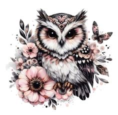 an owl with flowers and butterflies on it's head is sitting in the middle of a