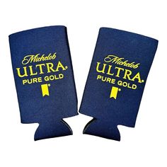 two blue koozie cups with yellow lettering on the front and back covers that say, minnesota ultra pure gold