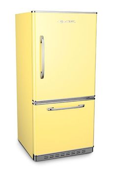 a yellow refrigerator freezer sitting on top of a white floor