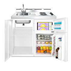 an open refrigerator with its door wide open showing the contents and food in it's compartment