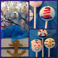 cake pops decorated like boats, anchors and ships are on display in different pictures with blue background