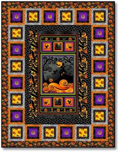 a square quilt with an orange, purple and black design on the border is shown