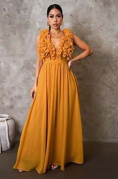 Halter Neck Maxi Dress, Ruffled Maxi Dress, Brands Outlet, Halter Neck, Mustard, Dress Outfits, Maxi Dress, Women Accessories, Things To Sell