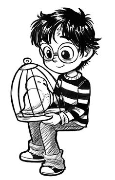 a drawing of a boy holding a birdcage with his hand and looking at it