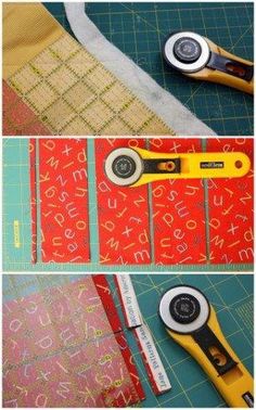 three pictures showing how to use scissors on fabric and sewing material, with the words cut out