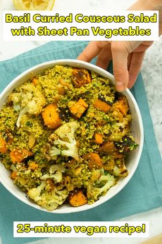 a white bowl filled with vegetables on top of a blue towel