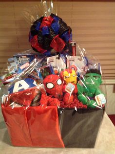 a basket filled with toys on top of a table