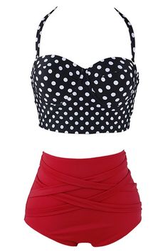 Polka Dots Print Halterneck Bikini Set Stile Pin Up, High Waisted Bikinis, Sport Bikinis, Bandeau Tops, Design Moda, Kendall Jenner Outfits, Cute Bathing Suits, Swimsuits High Waisted