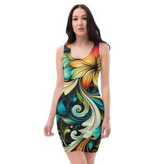 Make a statement and look fabulous in this all-over printed, fitted dress.  * 82% polyester, 18% spandex * Fabric weight: 6.78 oz/yd² (230 g/m weight may vary by 5% * Made with smooth, comfortable microfiber yarn * Material has a four-way stretch * Blank product components sourced from China Summer Printed Fitted Bodycon Dress, Fitted Printed Summer Bodycon Dress, Fitted Printed Bodycon Dress For Summer, Fitted Multicolor Digital Print Dress, Fitted Green Dress With Abstract Print, Green Fitted Dress With Abstract Print, Fitted Digital Print Dresses For Spring, Fitted Multicolor Print Dress, Fitted Floral Print Patterned Dress