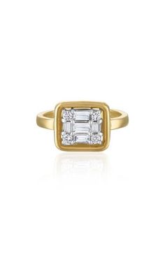 Brilliant, mixed-cut diamonds framed in a cube-shaped setting light up this stunning ring rendered in gleaming 18-karat gold. Total diamond weight: 0.48ct. Color: G–H Clarity: VS 18k gold/diamond Made in USA >Diamond Guide Formal Octagon Baguette Diamond Ring, Luxury Baguette Cut Cluster Ring With Single Cut Diamonds, Luxury Emerald Cut Diamond Ring With Single Cut Diamonds, Luxury Yellow Gold Square Cut Diamond Ring, Luxury Square Cut Diamond Ring In Yellow Gold, Luxury Octagon Diamond Ring With Baguette Diamonds, Luxury Octagon Diamond Ring With Single Cut Diamonds, Luxury Octagon Baguette Diamond Ring, Square Cut Baguette Diamond Ring