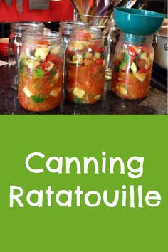 canning ratatoulie in glass jars on a counter