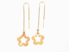 Delicate Yellow Gold Earrings With Chain, Yellow Gold Drop Earrings With Flower Design, Yellow Gold Flower-shaped Jewelry With Ear Wire, Yellow Gold Flower Charm Drop Earrings, Yellow Gold Plated Dangle Flower Earrings, Threaded Earrings, Flat Earrings, Earrings Chain, Long Flowers