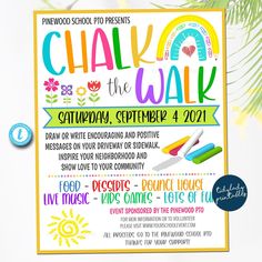 Chalk the Walk Flyer, HomeSchool Social Connection Event Idea, Elementary School Pto Pta, Kids positive kindness activity, Editable Template Elementary School Events Activities, School Events Elementary, Pta Fundraising Ideas Elementary, Fun Events For Elementary School, Walk To School Day Ideas, Elementary School Event Ideas, Pto Ideas Events, Pto Events, Chalk The Walk Ideas Back To School