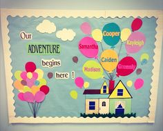 a bulletin board with balloons and words on it