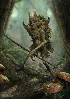 an illustration of a troll in the woods with mushrooms on it's back legs