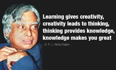 a man in a blue suit and tie with a quote on it saying learning gives creativity, creativity leads to thinking, thinking provides