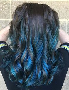 Blue Highlights In Brown Hair, Ideas For Dark Brown Hair, Highlights In Brown Hair, Blue Balayage, Blue Brown Hair, Highlight Ideas, Blue Ombre Hair, Dyed Hair Blue