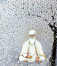 a painting of a man sitting in front of a tree with white flowers on it