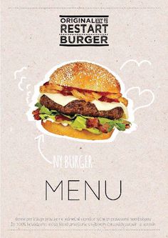 a menu for a burger with bacon, lettuce and cheese on it's bun