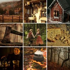 a collage of pictures with people and things in them including houses, trees, fire hydrants