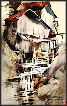 watercolor painting of an old house in the mountains