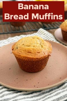 banana bread muffins on a plate with text overlay