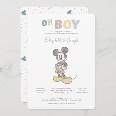 a mickey mouse baby shower is shown on the front of a card that says, oh boy