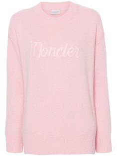 rose pink virgin wool-cashmere blend knitted construction embroidered logo to the front ribbed trim round neck long sleeves straight hem Pink Winter Sweater With Embroidered Logo, Pink Long Sleeve Sweater With Embroidered Logo, Pink Long Sleeve Sweatshirt With Embroidered Logo, Luxury Pink Cotton Sweater, Pink Long Sleeve Knit Sweatshirt, Embroidered Jumper, Moncler Logo, Yoko London, City Dress