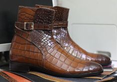 Bespoke Handmade Alligator Jodhpur  Genuine Leather Boots, Brown  Exotic Boots, Men's Goodyear Welted Ankle High Boots Condition New With Box Material Alligator Leather  Colour Black (Customizable) Inner Material Leather Lining Sole Leather Style Alligator Texture Jodhpur Ankle Boots Handling 7 to 10 days Alligator Boots, Jodhpur Boots, Alligator Print, Chukka Boots Men, High Ankle Boots, Genuine Leather Boots, Mens Leather Boots, Stylish Boots, Buckle Boots