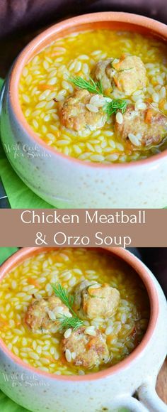 two bowls filled with chicken meatball and orzo soup