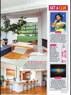 a magazine page with pictures of furniture and decor in the same room as well as an article about how to get a clue