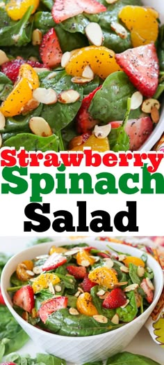 strawberry spinach salad with almonds in a white bowl