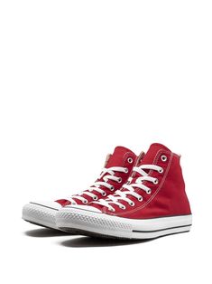 Find CONVERSE Chuck Taylor All Star Hi Sneakers on Editorialist. Red rubber and canvas All Star hi-top sneakers from Converse featuring an ankle length, a lace-up front fastening and a round toe. These styles are supplied by a premium sneaker and street wear marketplace. Stocking only the most sought-after footwear and clothing, they source and curate some of the most hard-to-find items from around the world. Red Textile Lace-up Sneakers, Red Textile Round Toe Canvas Shoes, Red Textile Canvas Shoes With Round Toe, Converse Canvas Shoes With Laces, Red Textile Sneakers With Vulcanized Sole, Red Canvas Sneakers With Round Toe, Red High-top Textile Sneakers, Streetwear Canvas Shoes With Red Sole, Casual Canvas High-top Sneakers With Lace-up Fastening