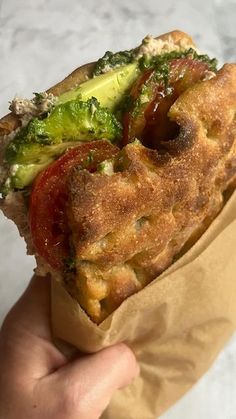 a person holding up a sandwich with broccoli and tomatoes