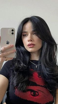 Layered Haircuts For Medium Hair Face Framing, Black Hair Blonde Underlayer, Layered Hair With Dyed Ends, Feathery Hairstyles, Wavy Medium Length Hair With Layers, Curtain Bangs Black Hair, Mid Length Hair With Face Framing Layers, Black Hair With Layers, Black Hair Inspiration