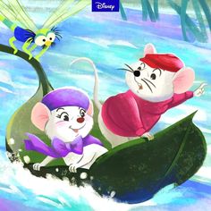 two mice are riding on a boat in the water