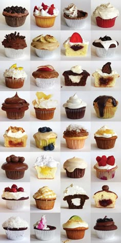 many different cupcakes are arranged in rows