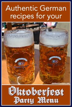 two beer mugs with the words authentic german recipes for your oktobefest party menu