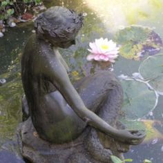 a statue sitting on top of a rock next to a body of water filled with lily pads