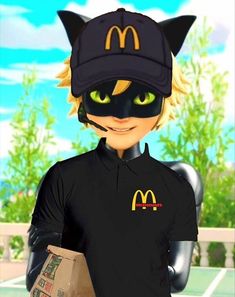 a cartoon cat wearing a mcdonald's hat and holding a box