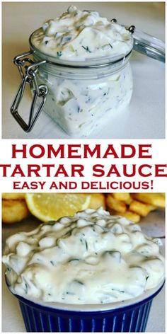 homemade tartar sauce in a blue bowl with lemon wedges