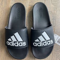 New With Tags Black Adidas Logo Slides, Black Adidas Slides With Logo, Casual Adidas Slides With Logo, Adidas Black Slides With Logo, Casual Adidas Logo Slides For Streetwear, Adidas Black Slides For Sports, Adidas Casual Low-top Slides, Black Adidas Slides For Summer, Adidas Casual Slides For Streetwear